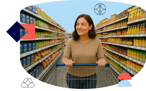 Female consumer shopping for consumer packaged goods in a grocery store.
