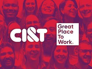 A group of people laughing and smiling with a red overlay and the CI&T and Great Place to Work logos