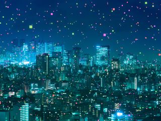 Cityscape with abstract light particle