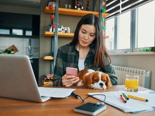 Woman working from home in the company of her dog